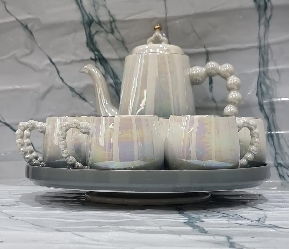 Fine Ceramic 8pcs Rotating Tray Tea Set with 6 Cups and Kettle