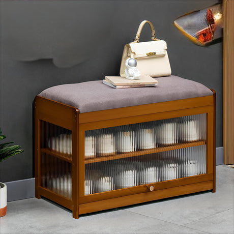 Wooden Stool with Built-In Shoe Cabinet Space-Saving Entryway Organizer