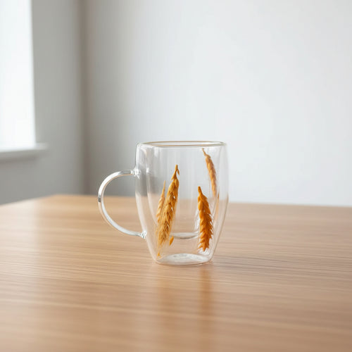 Double Wall Glass Mug with Pressed Floral Design Mugs