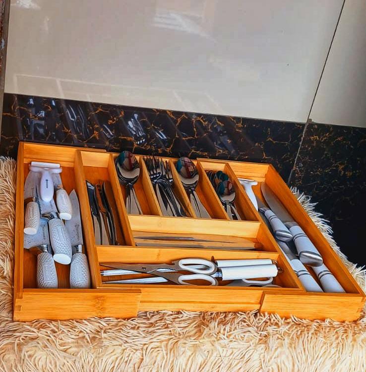 Multifunctional Bamboo Expandable Cutlery Organizer – Adjustable Kitchen Drawer Tray- Furaha Finds Kenya