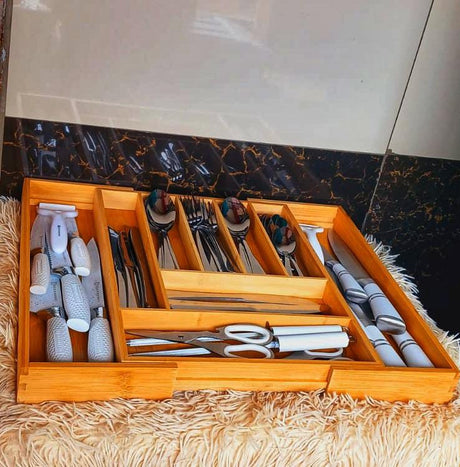 Multifunctional Bamboo Expandable Cutlery Organizer – Adjustable Kitchen Drawer Tray- Furaha Finds Kenya