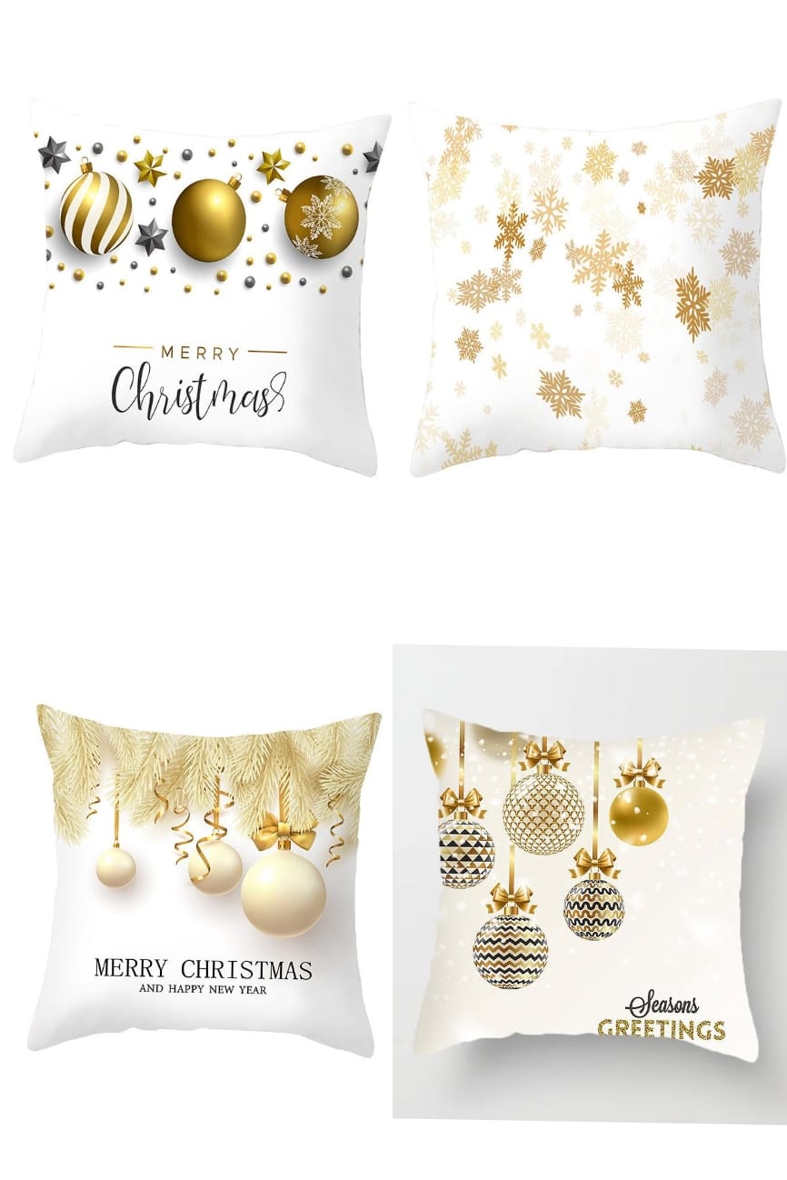 Christmas Themed Linen Throw Pillow Cases – 45cm x 45cm Gold Cushion Covers
