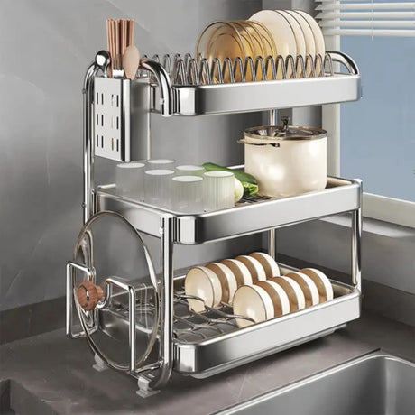 2-Tier Chrome Dish Rack 201SS Material with Drain Tray & Utensil Holder Organizer- Furaha Finds Kenya