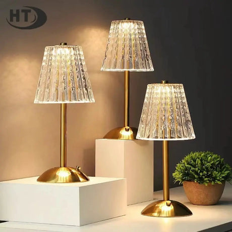 Cordless Rechargeable Bedside Touch Lamp Crystal Gold Metal 3 Color Modes Lamps