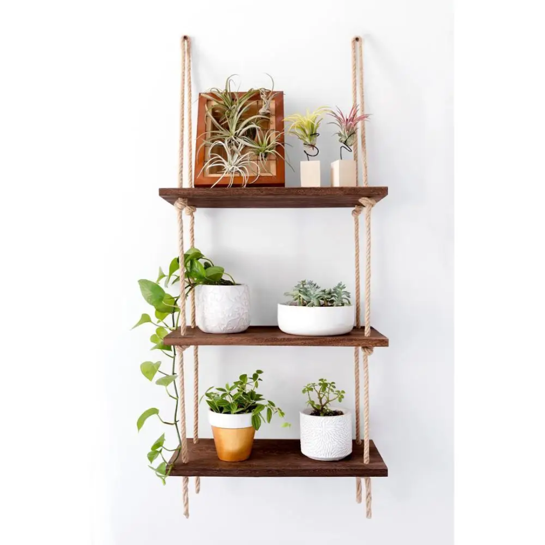 3 Tier Wooden Floating Shelf with Hanging Jute Rope Organizer Rack