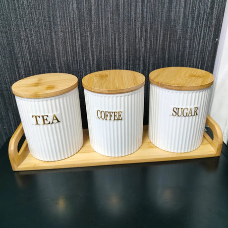3pc Ceramic Canisters with Bamboo Stand–500ml Capacity- Furaha Finds Kenya