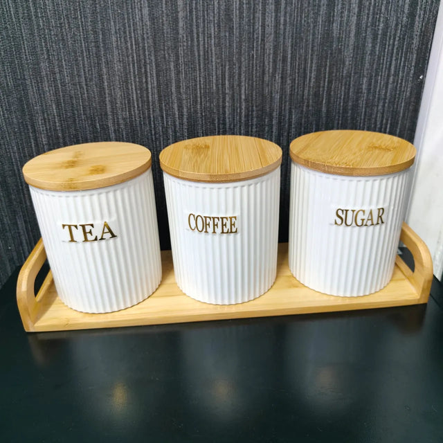3pc Ceramic Canisters with Bamboo Stand–500ml Capacity- Furaha Finds Kenya