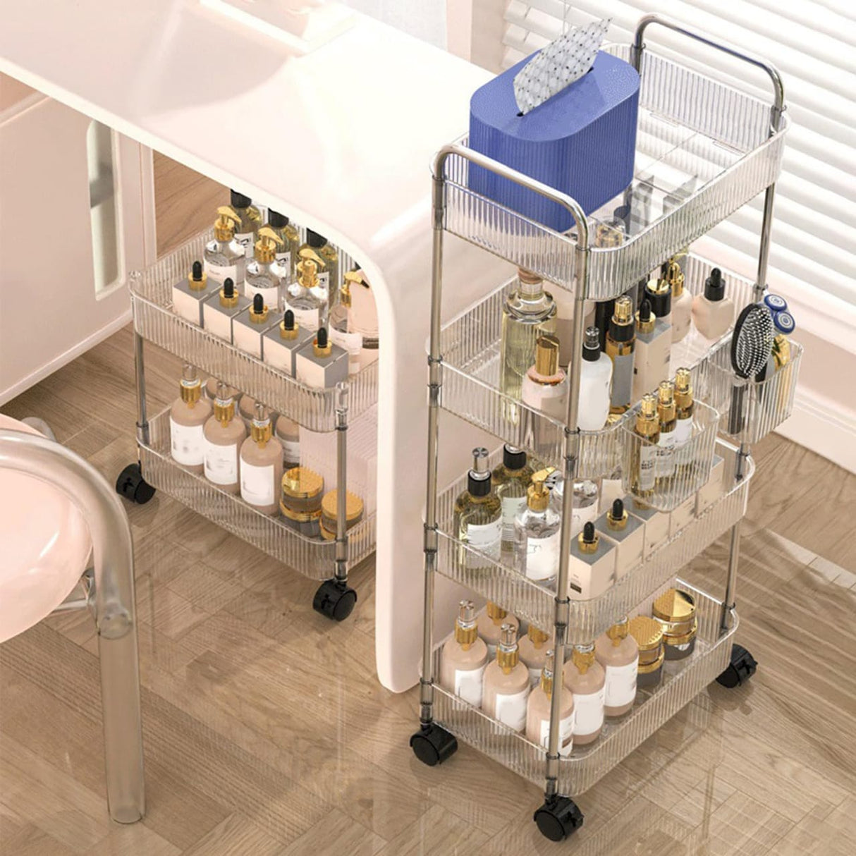 4 Floors Multifunctional Shelving Trolley Rack with Acrylic Shelves and Stainless Steel Frame