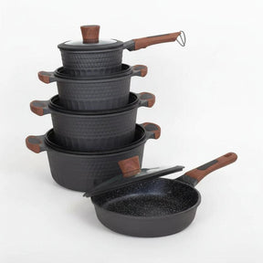 Edenberg 10-Piece Nonstick Cookware Set – Black Pots with Wooden Handles