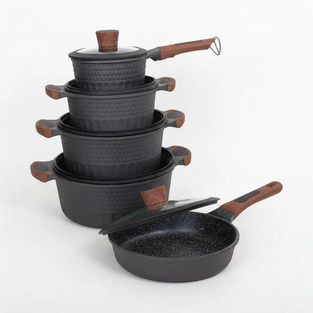 Edenberg 10-Piece Nonstick Cookware Set – Black Pots with Wooden Handles