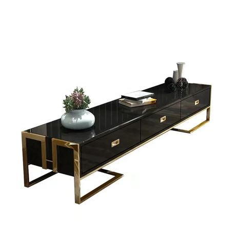 Modern Black Glass TV Stand with Gold Frame and 2sides Storage Drawers