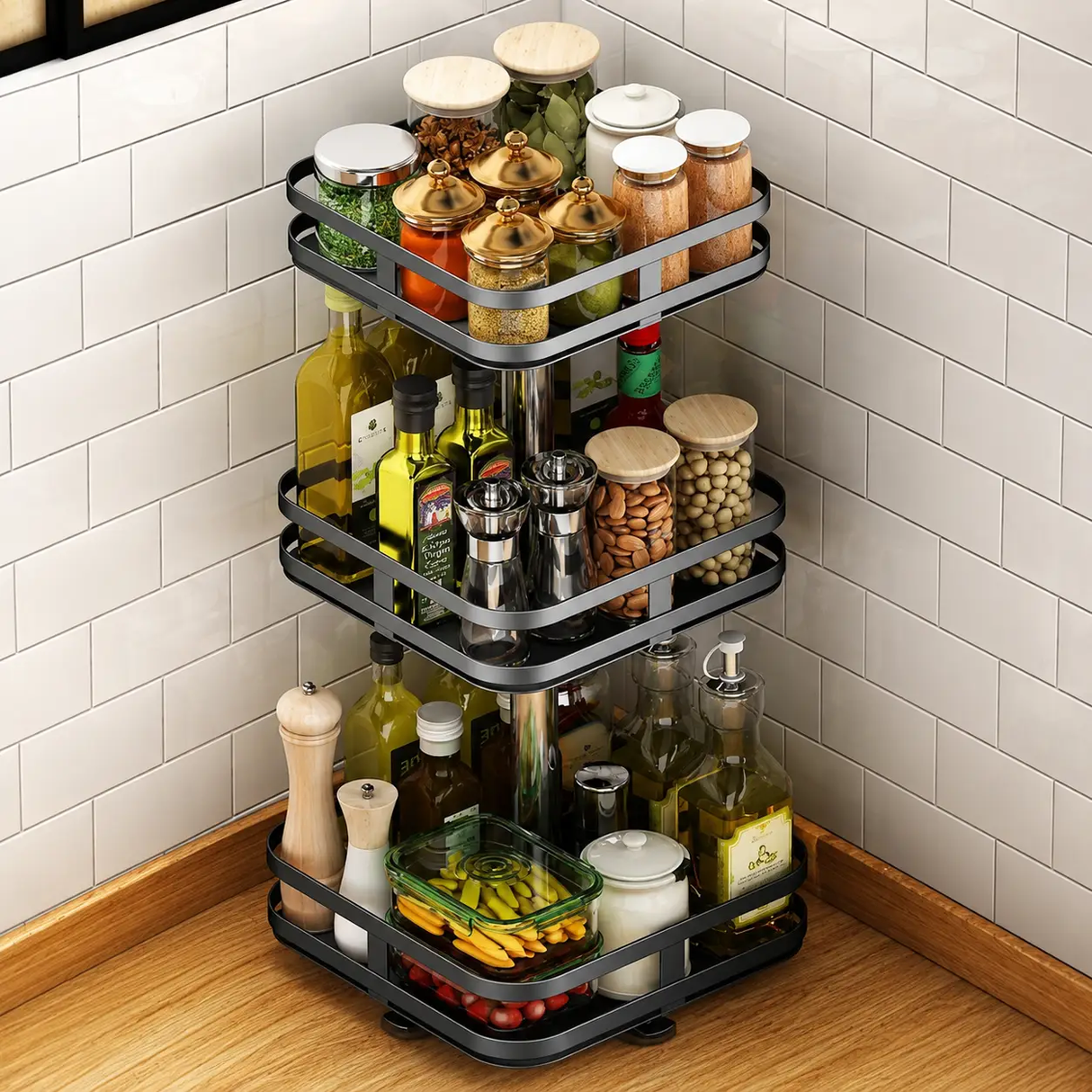 3 Tier Square Metallic Rotating Spice Rack