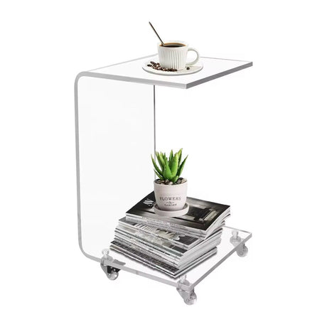 Luxury C Shaped Clear Acrylic Side Table with Wheels 33x38x58cm for Bedside or Living Room Use