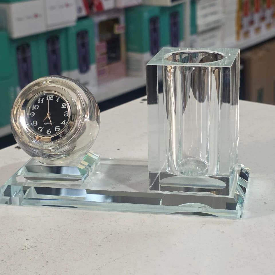Crystal Glass Desktop Clock and Pen Holder Set Elegant Office Desk Accessory Desk Clocks