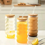 Ripple Wave Glass Cup with Bamboo Lid(1 Pc) Glass cup Mugs