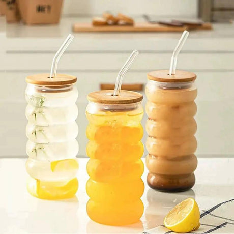 Ripple Wave Glass Cup with Bamboo Lid(1 Pc) Glass cup Mugs