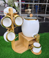 Luxurious Tea Set with Bamboo Holder, Bamboo Tray, 6 Cups and Kettle with Tap
