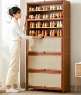 11-Layer Multifunctional Shoe Rack and Storage Shelf with Rattan Wooden Finish