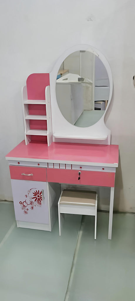 Modern Round Mirror Wooden Dressing Table with Storage and Stool
