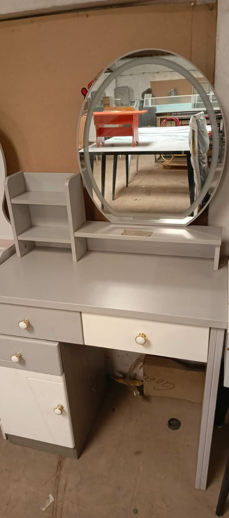 Round Mirror Dressing Table Multi Drawer Vanity with Side Shelf Organizer