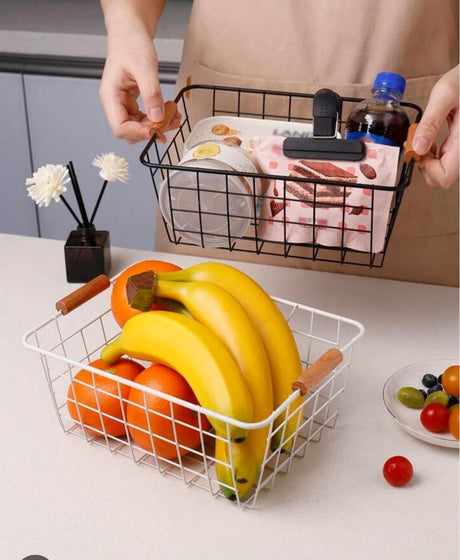 Multipurpose Metallic Mesh Basket with Wooden Handle – Black or White