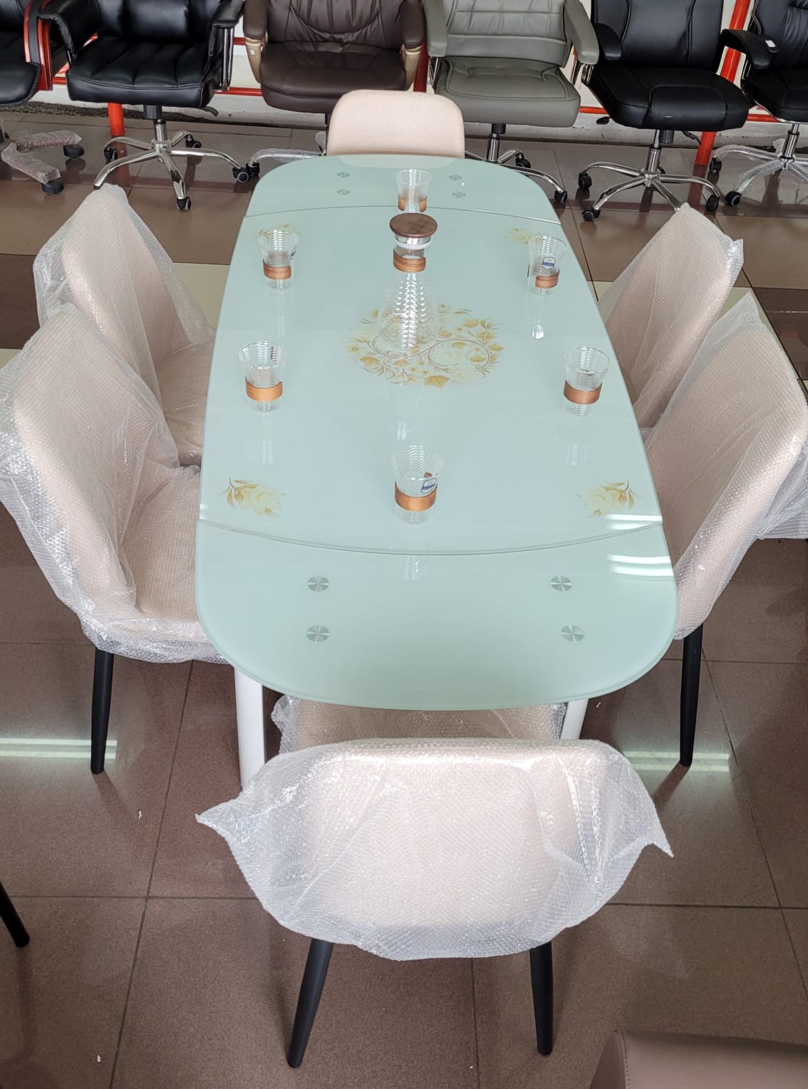 6-Seater Extended Glass Dining Table with Cushioned Chairs – Modern Rectangular Set- Furaha Finds Kenya