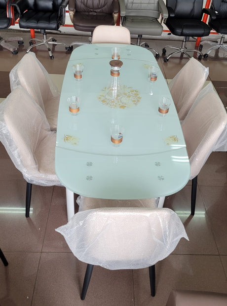 6-Seater Extended Glass Dining Table with Cushioned Chairs – Modern Rectangular Set- Furaha Finds Kenya