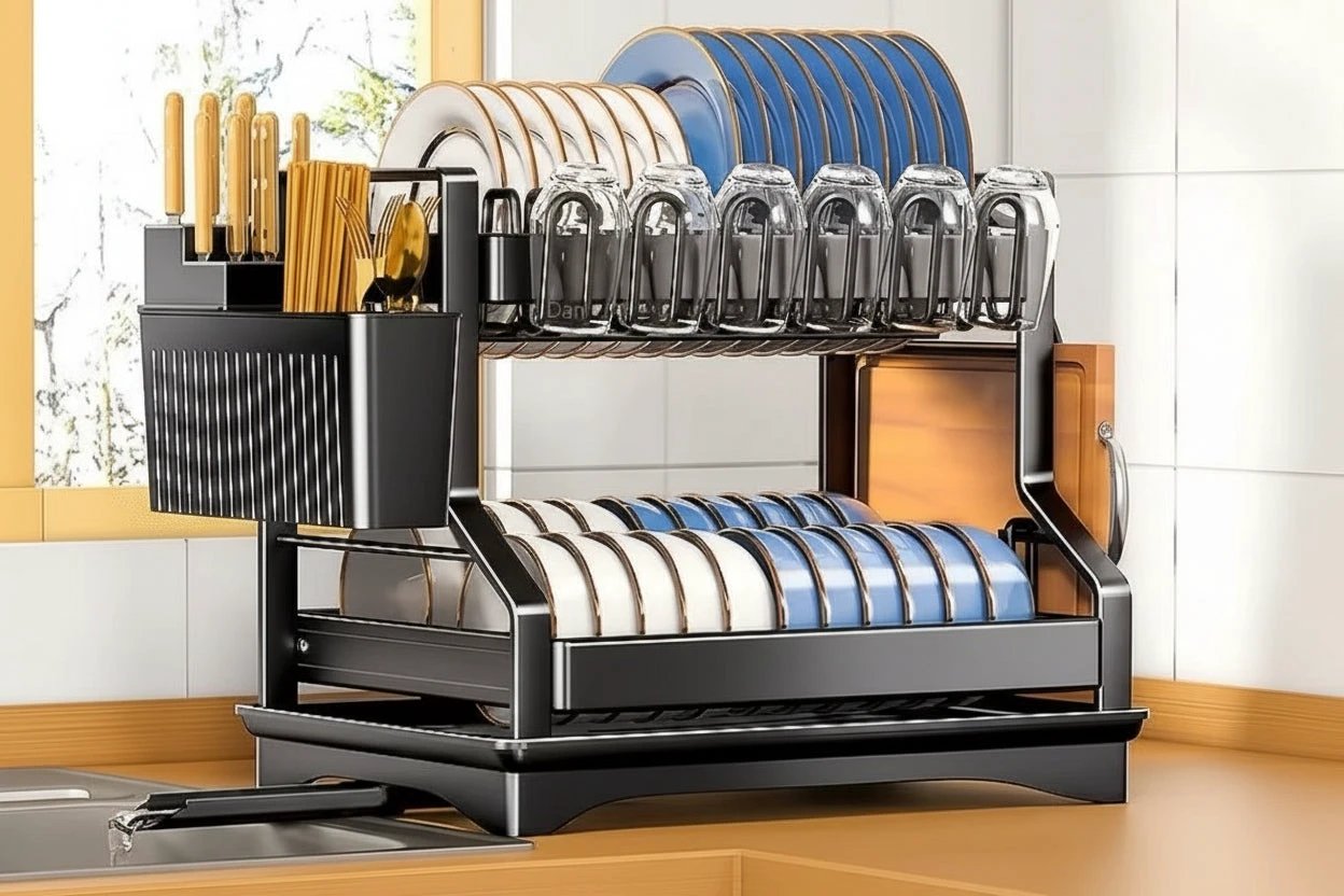 2 Tier Kitchen Dish Rack with Drain Tray Large Capacity Countertop Organizer Dish Racks