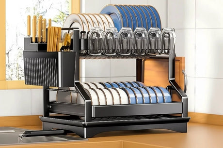 2 Tier Kitchen Dish Rack with Drain Tray Large Capacity Countertop Organizer Dish Racks