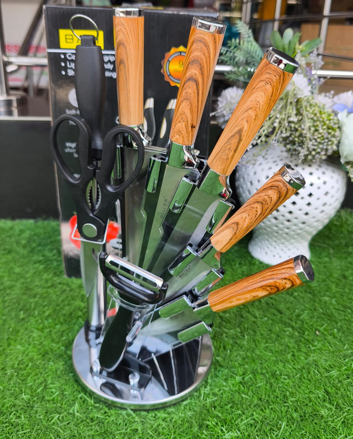 9 Piece Wooden Kitchen Knife Set with Stainless Steel Blades and Accessories