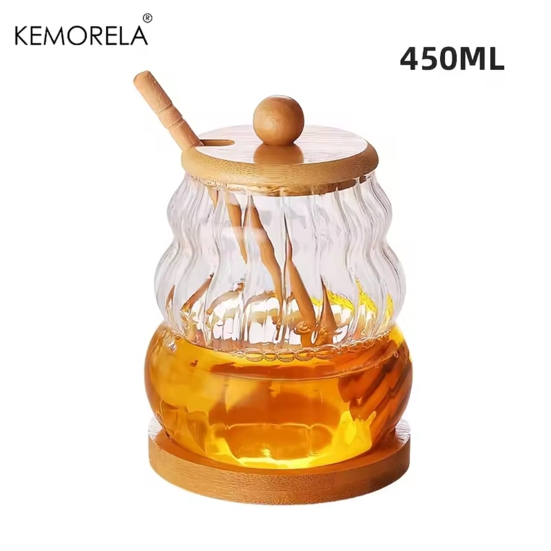Glass Honey Dispenser Jar with Bamboo Lid, Base & Dipper- Furaha Finds Kenya