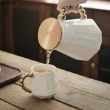 Luxurious Tea Set with Golden Handle, Bamboo Holder and Tray – 6 Cups + 1 Kettle