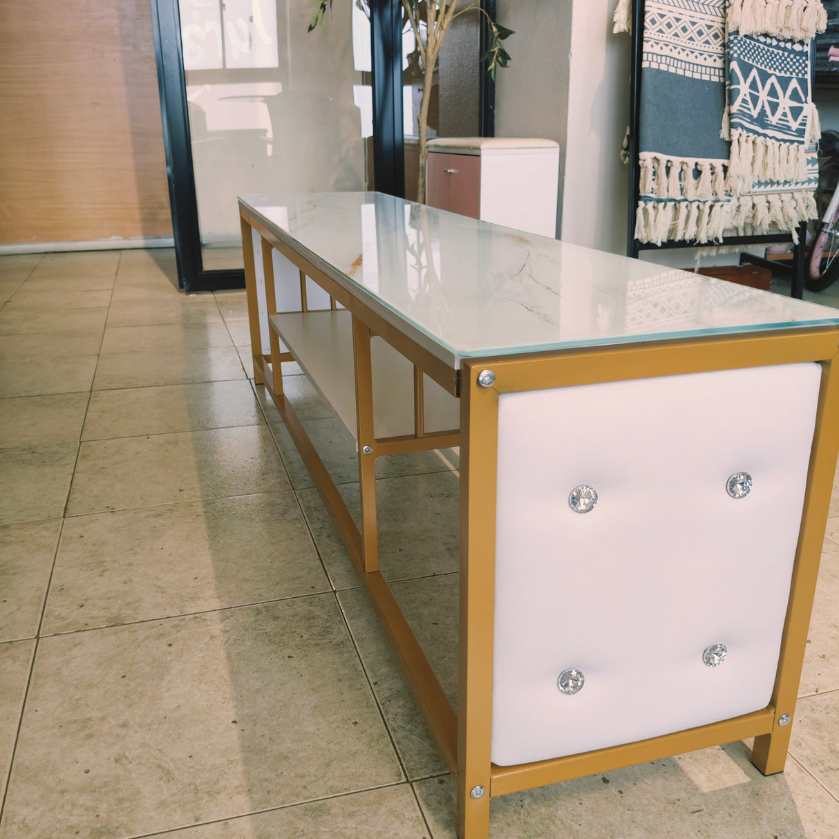 Modern glass Top TV Stand with Open Storage & Shelves