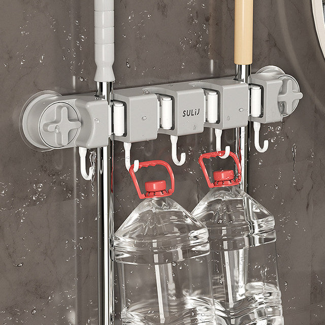 Non-Slip Wall Mounted Mop Holder with 4 Racks and 5 Hooks