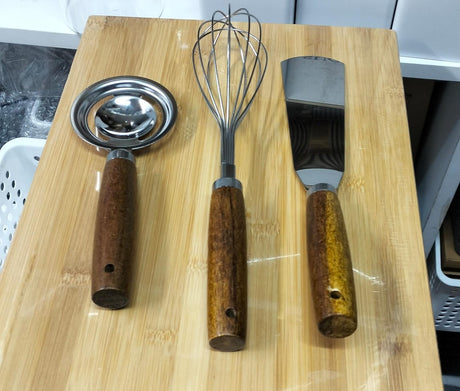 Stainless Steel Kitchen Accessories with Wooden Handles–Whisk, Spatula, Ice Cream Scoop- Furaha Finds Kenya