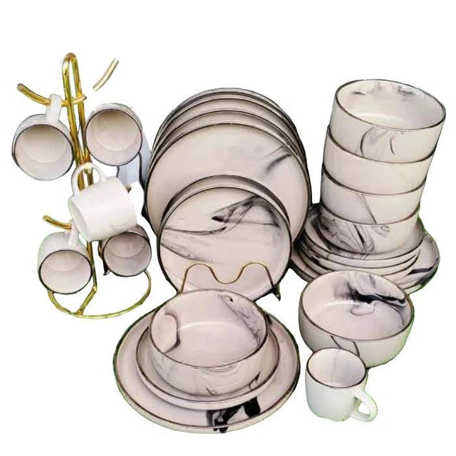 24pcs Brown Marble Dinner Set with Plates, Bowls and Mugs Dinner set Dinnerware Sets