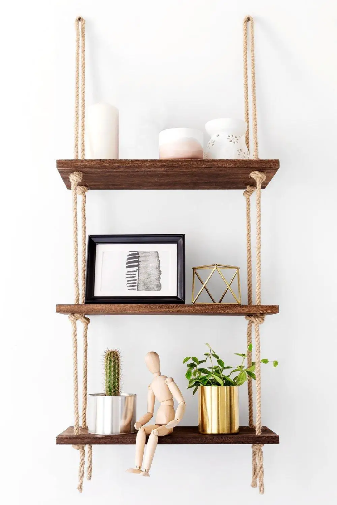 3 Tier Wooden Floating Shelf with Hanging Jute Rope Organizer Rack