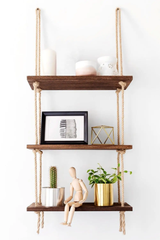 3 Tier Wooden Floating Shelf with Hanging Jute Rope Organizer Rack