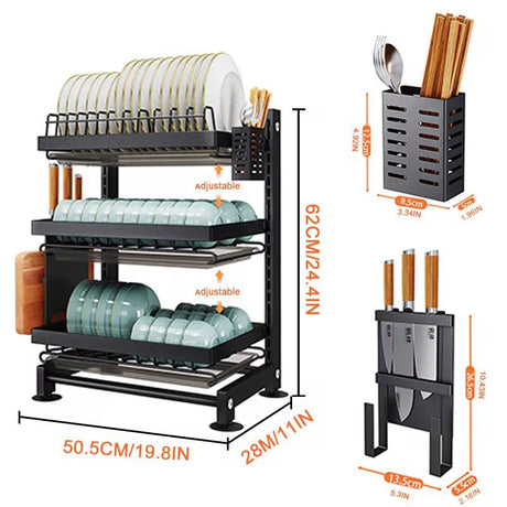 3 Tier Heavy Duty Adjustable Height Dish Drying Rack with Drainboard and Utensils Holder.- Furaha Finds Kenya