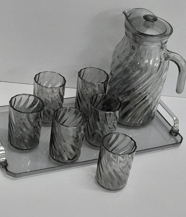 Glass Jug with Glasses and Tray Set Available in Gold or Black