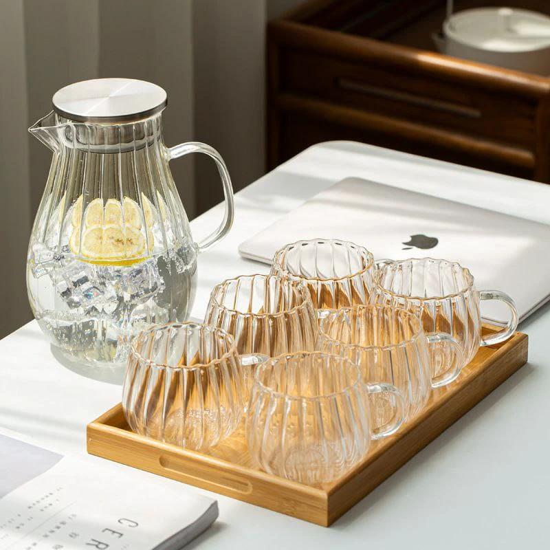 Striped Pumpkin Transparent Borosilicate Teapot Set 9pcs with Stand Tray and Cups Borosilicate glass Tea Sets
