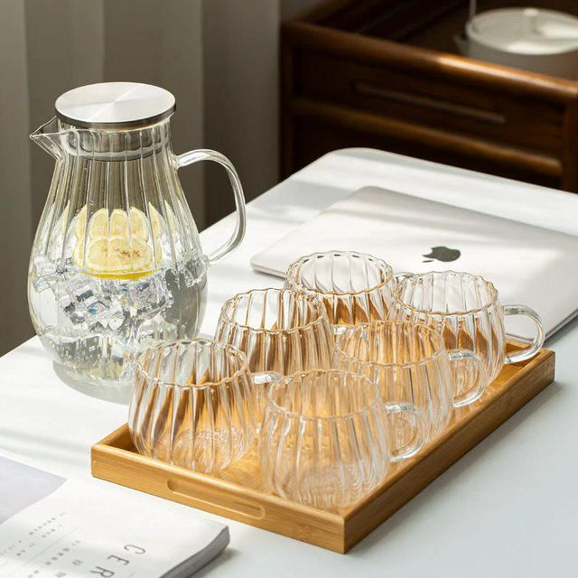 Striped Pumpkin Transparent Borosilicate Teapot Set 9pcs with Stand Tray and Cups Borosilicate glass Tea Sets