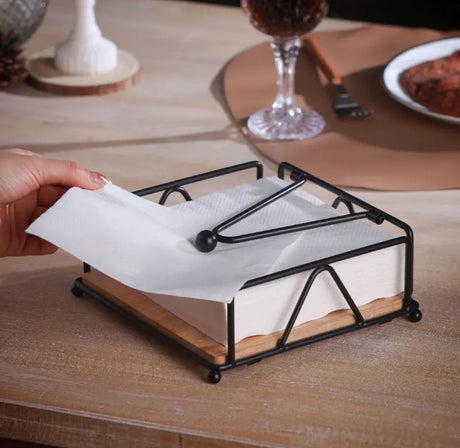 Luxury Metallic Serviette Holder Black & Gold Frame with Bamboo Napkin Base- Furaha Finds Kenya