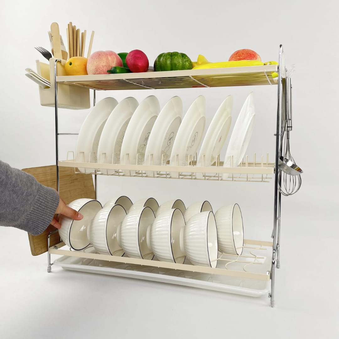 3-Tier Dish Rack with Spacious Storage and Drip Trays