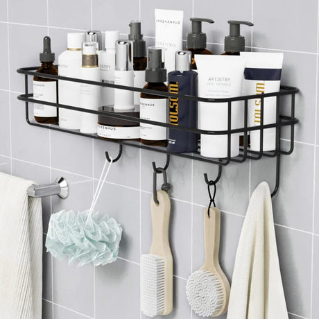Furaha Finds Punch Free Wall Mounted Floating Bathroom Organizer with Hooks Metallic Shelf for Extra Storage
