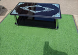Modern Black Floral Glass Coffee Table with Chrome Legs