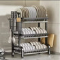 3 Tier Carbon Steel Dish Rack with Cutlery & Chopping Board Holder – Heavy Duty (All Black)