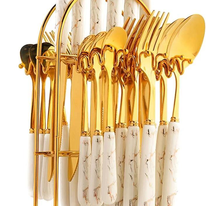 24 Pieces Marble Gold Cutlery Set Luxury Stainless Steel Flatware Kitchen ware Flatware Sets