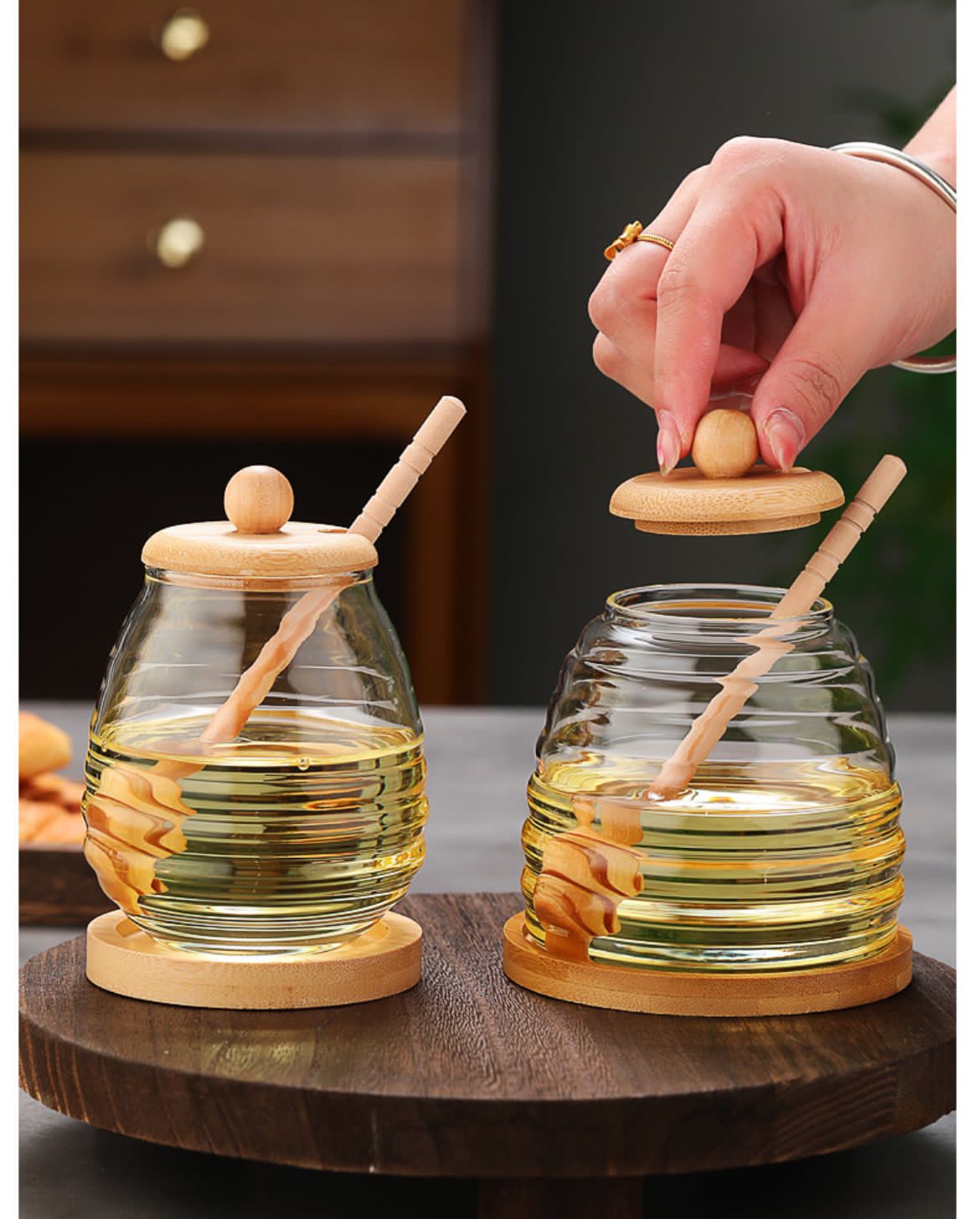500ml Glass Honey Storage Jar with Wooden Lid and Stirring Stick