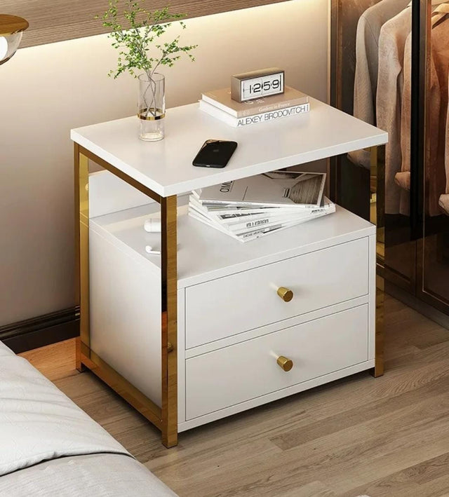 Nordic Luxury Double Drawer Bedside Cabinet – Marble Texture White Nightstand (50x45x35cm)